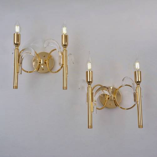 Pair vintage palm tree wall lights sconces, Sciolari style, crystals & gold gilt, 1970`s ca, Italian.